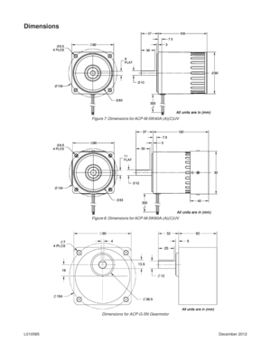 Page 8December 2012 L010585
Dimensions
Figure 7: Dimensions for ACP-M-5IK40A-(A)(C)UV
Figure 8: Dimensions for ACP-M-5IK60A-(A)(C)UV
Dimensions for ACP-G-5N Gearmotor 