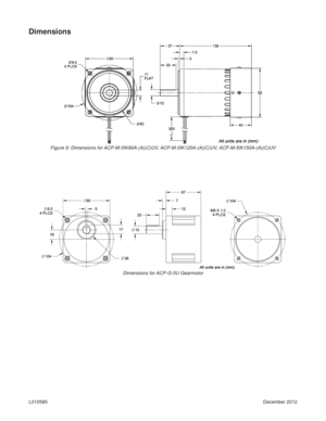 Page 9December 2012 L010585
Figure 9: Dimensions for ACP-M-5IK90A-(A)(C)UV, ACP-M-5IK120A-(A)(C)UV, ACP-M-5IK150A-(A)(C)UV
Dimensions
Dimensions for ACP-G-5U Gearmotor 