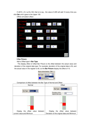 Page 95
If LW15 =10, Lw16=100, that is to say , the value of LW5 will add 10 every time you 
click  Set until it goes to the Upper 100. 
Offline simulation effect: 
 
9 Bar Picture 
Add a Offset type in  Bar Type 
The display effect of offset Bar Picture is  the offset between the actual value and 
deviation of the original data type. For exampl e, deviation of the original data is 50, and 
the actual value in the register is 60, so the  Bar Picture display the effect of 10. 
 
Comparison of effect between the...