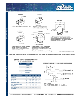 Page 3BASE OPTIONS
PIN/TIMING DIAGRAMS
910 East Orangefair Ln.  Anaheim, CA 92801     Tel. (714) 992-6990     Fax. (714) 992-0471     www.anaheimautomation.com
SINGLE-ENDED ENCODER PINOUTTOP OF ENCODER FACING PLUG
Pin #Function
1 Ground
2 Index
3 Channel A
4 +5VDC Input
5 Channel B
Timing Characteristics SymbolMinTy pMax Units
Cycle Error C-3.0 5.5 °e
Symmetry X,Y150180210 °e
Quadrature Z6090120 °e
Index Pulse Width Po6090120 °e
Ch. I Rise After Ch. B or 
Ch. A  Fall t1
10100 250 ns
Ch. I Fall After Ch. B or...