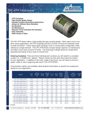 Page 1FEATURES
DESCRIPTION
910 East Orangefair Ln.  Anaheim, CA 92801     Tel. (714) 992-6990     Fax. (714) 992-0471     www.anaheimautomation.com
The CPL KTR Series offers a high-quality jaw-type coupling design.  Best used in low to me-
dium torque applications, the KTR couplings provide a smooth running zero-backlash shaft-
to-shaft connection.  These clamp-style couplings come in a three-piece conﬁ guration while 
utilized as a single element.  The CPL-KTR Series compact design requires no maintenance...