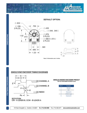 Page 2910 East Orangefair Ln.  Anaheim, CA 92801     Tel. (714) 992-6990     Fax. (714) 992-0471     www.anaheimautomation.com910 East Orangefair Ln.  Anaheim, CA 92801     Tel. (714) 992-6990     Fax. (714) 992-0471     www.anaheimautomation.com
DIMENSIONS
SINGLE-ENDED ENCODER PINOUTTOP OF ENCODER FACING PLUG
Pin #Function
1Ground
2N/C
3Channel A
4+5VDC Input
5Channel BPIN/TIMING DIAGRAMS 