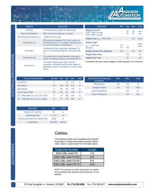 Page 3910 East Orangefair Ln.  Anaheim, CA 92801     Tel. (714) 992-6990     Fax. (714) 992-0471     www.anaheimautomation.com
ELECTRICAL SPECIFICATIONS
Model #Description
CPR(N):The Number of Cycles Per Revolution
One Shaft Rotation:360 mechanical degrees, N cycles
One Electrical Degree (°e):1/360th of one cycle
One Cycle (C):360 electrical degrees (°e). Each cycle can be decoded into 1 or 4 codes, referred to as X1 or X4 resolution multiplication
Symmetry:A measure of the relationship between (X) and (Y) in...