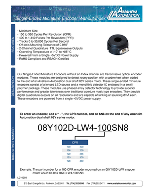 Page 1FEATURES
910 East Orangefair Ln.  Anaheim, CA 92801     Tel. (714) 992-6990     Fax. (714) 992-0471     www.anaheimautomation.com
DESCRIPTION
BUILD A PART NUMBER
Our Single-Ended Miniature Encoders without an Index channel are transmi\
ssive optical encoder 
modules. These modules are designed to detect rotary position with a codewheel wh\
en added 
to the end of an Anaheim Automation dual shaft 08Y series motor. These single-ended miniature 
encoders consist of a lensed LED source and a monolithic...