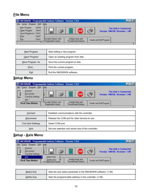 Page 1515
New ProgramStart editing a new program.
Open Program Open an existing program from disk.
Save Program  As Save the current program to disk.
Print...Print the current program.
ExitExit the SMC60WIN software.
File Menu
Setup Menu
Connect Establish communications with the controller.
Disconnect Release the COM port for other devices to use.
Com Port Settings Select COM port.
AxisSet axis selection and stored axis of the controller.
Setup - Axis Menu
Select Axis Sets the axis select parameter in the...