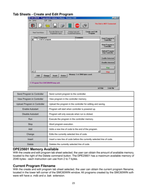 Page 2323
DPE25601 Memory Available
With the create and edit program tab sheet selected, the user can obtain the amount of available memory, 
located to the right of the Delete command button. The DPE25601 has a maximum available memory of 
2046 bytes - each instruction can use from 2 to 7 bytes.
Current Program Filename
With the create and edit program tab sheet selected, the user can obtain the current program filename, 
located in the lower left corner of the SMC60WIN window. All programs created by the...