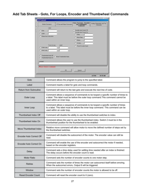 Page 2727
Add Tab Sheets - Goto, For Loops, Encoder and Thumbwheel Commands
GotoCommand allows the program to jump to the specified label.
Label Command inserts a label for goto and loop commands.
Return from Subroutine Command will return to the last goto and execute the next line of code.
Outer Loop Command allows a sequence of commands to be looped a specific number of times to 
a label. This label must be before the outer loop command.This command cannot be 
used within an inner loop.
Inner Loop Command...