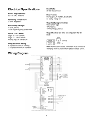 Page 55
Electrical Specifications
Power Requirements:
90-135 VAC 50/60Hz
Operating Temperature:
0 to 60 degrees C
Pulse Output Range:
1 to 50,000 Hz
10uS negative going pulse width
Inputs (TTL-CMOS):
Logic “0”: 0 to 0.8VDC
Logic “1”: 3.5 to 24VDC
Analog input 1: 0 to 5VDC
Output Current Rating:
5 A/phase maximum running
3.5A/phase maximum standstillBaud Rate:
38400 Baud, Fixed
Data Format:
Half-Duplex, 1 start bit, 8 data bits,
no parity, 1 stop bit
Outputs (8 programmable):
Open Drain Type
40V, 100mA
+5VDC...