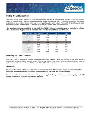 Page 5910 East Orangefair Ln.  Anaheim, CA 92801     Tel. (714) 992-6990     Fax. (714) 992-0471     www.anaheimautomation.com
Setting the Output Current:
The  output  current  for  the  motor  used  when  microstepping  is  determined  differently  from  that  of  a  full/half  step  unipolar 
driver.  In the MBC082561, a sine/ cosine output function is used in rotating the motor.  The output current for a given motor 
is determined by the motors current rating and the wiring configuration of the motor....