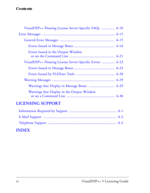 Page 6Contents
vi VisualDSP++ 5 Licensing GuideVisualDSP++ Floating License Server-Specific FAQs  ..............  6-10
Error Messages  ...........................................................................  6-15
General Error Messages  .........................................................  6-15
Errors Issued in Message Boxes ..........................................  6-16
Errors Issued in the Output Window 
or on the Command Line  ...............................................  6-21
VisualDSP++...