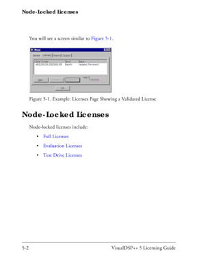 Page 60Node-Locked Licenses
5-2 VisualDSP++ 5 Licensing GuideYou will see a screen similar to Figure 5-1.
Node-Locked Licenses
Node-locked licenses include:
Full Licenses
Evaluation Licenses
Test Drive Licenses Figure 5-1. Example: Licenses Page Showing a Validated License 