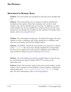 Page 80Error Messages
6-16 VisualDSP++ 5 Licensing Guide Errors Issued in Message Boxes
Problem: The serial number has already been used and can be installed only 
once.
Solution: The serial number you are trying to install has already been 
installed on this machine. Note that evaluation and test drive serial 
numbers may only be installed once per machine. In addition, test drive 
serial numbers may not be installed if an evaluation license for the same 
architecture has already been installed on that...