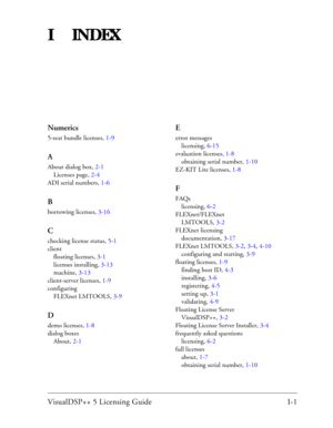 Page 97VisualDSP++ 5 Licensing Guide I-1 
IINDEX
Numerics
5-seat bundle licenses, 1-9
A
About dialog box, 2-1
Licenses page, 2-4
ADI serial numbers, 1-6
B
borrowing licenses, 3-16
C
checking license status, 5-1
client
floating licenses, 3-1
licenses installing, 3-13
machine, 3-13
client-server licenses, 1-9
configuring
FLEXnet LMTOOLS, 3-9
D
demo licenses, 1-8
dialog boxes
About, 2-1
E
error messages
licensing, 6-15
evaluation licenses, 1-8
obtaining serial number, 1-10
EZ-KIT Lite licenses, 1-8
F
FAQs...
