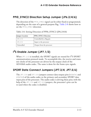 Page 37Blackfin A-V EZ-Extender Manual 2-13 A-V EZ-Extender Hardware Reference
PPI0_SYNC2 Direction Setup Jumper (JP6.2/4/6)
The direction of the PPI0_SYNC2 signal can be either fixed or programmed, 
depending on the state of a general-purpose flag. Table 2-8 shows how to 
set the 
PPI0_SYNC2 direction.
I2S Enable Jumper (JP7.1/2)
When JP7.1/2 is installed, the SPORT signals are routed for I2S SPORT 
communication protocol mode. To accomplish this, the receive and trans-
mit clocks of the processor are driven...