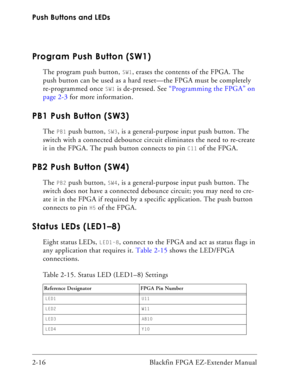 Page 38Push Buttons and LEDs
2-16 Blackfin FPGA EZ-Extender Manual
Program Push Button (SW1)
The program push button, SW1, erases the contents of the FPGA. The 
push button can be used as a hard reset—the FPGA must be completely 
re-programmed once 
SW1 is de-pressed. See “Programming the FPGA” on 
page 2-3 for more information.
PB1 Push Button (SW3)
The PB1 push button, SW3, is a general-purpose input push button. The 
switch with a connected debounce circuit eliminates the need to re-create 
it in the FPGA....