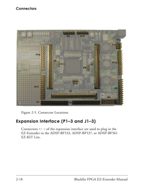 Page 40Connectors
2-18 Blackfin FPGA EZ-Extender Manual
Expansion Interface (P1–3 and J1–3)
Connectors P1–3 of the expansion interface are used to plug in the 
EZ-Extender to the ADSP-BF533, ADSP-BF537, or ADSP-BF561 
EZ-KIT Lite.  Figure 2-5. Connector Locations 