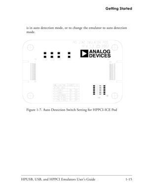 Page 29HPUSB, USB, and HPPCI Emulators User’s Guide 1-15  Getting Started
is in auto detection mode, or to change the emulator to auto detection 
mode.
Figure 1-7. Auto Detection Switch Setting for HPPCI-ICE Pod 