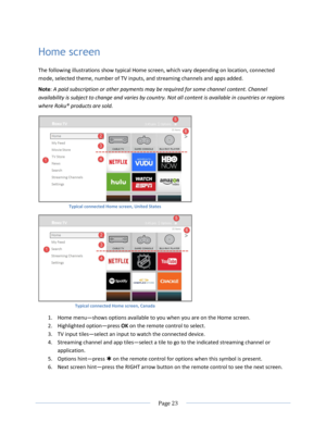 Page 29 
  Page 23  
  
Home screen 
The following illustrations show typical Home screen, which vary depending on location, connected 
mode, selected theme, number of TV inputs, and streaming channels and apps added. 
Note: A paid subscription or other payments may be required for some channel content. Channel 
availability is subject to change and varies by country. Not all content is available in countries or regions 
where Roku® products are sold. 
 
Typical connected Home screen, United States 
 
Typical...