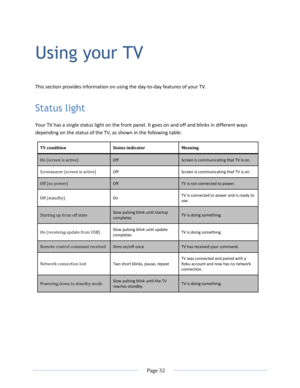 Page 38 
  Page 32  
  
Using your TV 
This section provides information on using the day-to-day features of your TV. 
Status light 
Your TV has a single status light on the front panel. It goes on and off and blinks in different ways 
depending on the status of the TV, as shown in the following table: 
TV condition Status indicator Meaning 
On (screen is active) Off Screen is communicating that TV is on. 
Screensaver (screen is active) Off Screen is communicating that TV is on. 
Off (no power) Off TV is not...