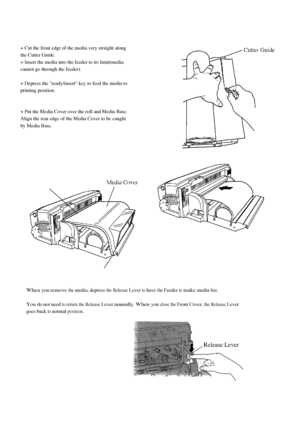 Page 6When you remove the media, depress the Release Lever to have the Feeder to make media free.
You do not need to return the Release Lever manually. When you close the Front Cover, the Release Lever 
goes back to normal position.
+ Cut the front edgr of the media very straight along
the Cutter Guide.
+ Insert the media into the feeder to its limit(media
cannot go through the feeder).
+ Depress the ready/insert key to feed the media to
printing position.
+ Put the Media Cover over the roll and Media Base....