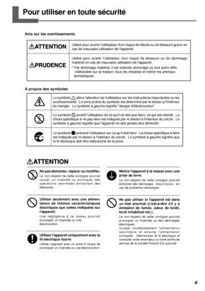 Page 119
Pour utiliser en toute sécurité
Utilisé pour avertir lutilisateur dun risque de décès ou de blessure grave en
cas de mauvaise utilisation de lappareil.
Utilisé pour avertir lutilisateur dun risque de blessure ou de dommage
matériel en cas de mauvaise utilisation de lappareil.
* Par dommage matériel, il est entendu dommage ou tout autre effet
   indésirable sur la maison, tous les meubles et même les animaux
  domestiques.
Le symbole  attire lattention de lutilisateur sur les instructions importantes ou...