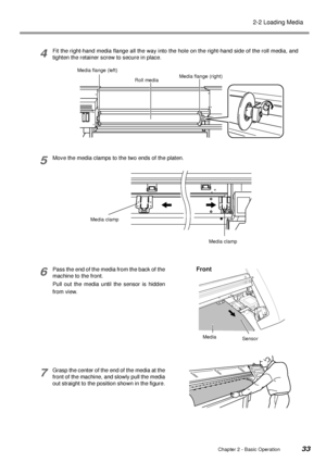 Page 3533Chapter 2 - Basic Operation
2-2 Loading Media
4Fit the right-hand media flange all the way into the hole on the right-hand side of the roll media, and
tighten the retainer screw to secure in place.
5Move the media clamps to the two ends of the platen.
6Pass the end of the media from the back of the
machine to the front.
Pull out the media until the sensor is hidden
from view.
7Grasp the center of the end of the media at the
front of the machine, and slowly pull the media
out straight to the position...