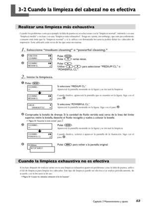 Page 54Capítulo 3 Mantenimiento y ajuste53
3-2 Cuando la limpieza del cabezal no es efectiva
Realizar una limpieza más exhaustiva
Cuando los problemas como por ejemplo la falta de puntos no se solucionan con la “limpieza normal”, inténtelo con una 
“limpieza media” o incluso con una “limpieza más exhaustiva”. Tenga en cuenta, sin embargo, que este procedimiento 
consume  más  tinta  que  la  “limpieza  normal”  y  si  lo  utiliza  con  demasiada  frecuencia  podría  dañar  los  cabezales  de 
impresión. Evite...