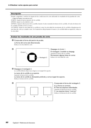 Page 9190
4-8 Realizar varios ajustes para cortar
Capítulo 4  Referencia de funciones
Descripción
Permite comprobar y verificar los ajustes de las condiciones de corte utilizando los resultados de las pruebas de corte.
☞ Página 46, “Realizar una prueba de corte”
[FORCE]: Ajusta la fuerza (presión) de la cuchilla.
[SPEED]: Ajusta la velocidad de corte.
[OFFSET]: Ajusta la desviación de la cuchilla. Inserte el valor mostrado de desvío de la cuchilla. (El valor de desvío de 
la cuchilla incluida es de 0,25 mm.)...