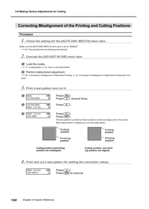 Page 1025-6 Making Various Adjustments for Cutting
100Chapter 5 Feature Reference
Correcting Misalignment of the Printing and Cutting Positions 
Procedure
1.Check the setting for the [AUTO ENV. MATCH] menu item.
Make sure the [AUTO ENV. MATCH] menu item is set to "ENABLE." 
 P. 85, "Executing Environment Matching Automatically"
2.Execute the [ADJUST BI-DIR] menu item.
Load the media.
 P. 31, "Loading Media," p. 82, "How to Load Sheet Media"
Perform bidirectional adjustment.
...