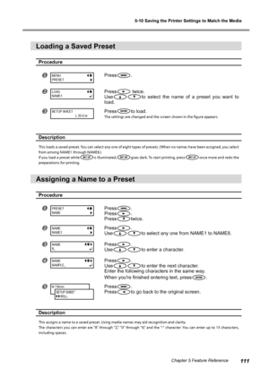 Page 1135-10 Saving the Printer Settings to Match the Media
111Chapter 5 Feature Reference
Loading a Saved Preset
Procedure
Press.
Press twice.
Use
to  select  the  name  of  a  preset  you  want  to 
load.
Pressto load.
The settings are changed and the screen shown in the figure appears. 
Description
This loads a saved preset. You can select any one of eight types of presets. (When no names have been assigned, you select 
from among NAME1 through NAME8.)
If you load a preset while
is illuminated,goes dark....