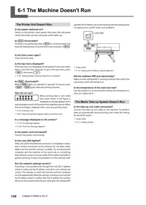 Page 128126Chapter 6 What to Do If
specifies the IP address set on the machine, that the settings have 
no typing errors, and for other such problems.
 Setup Guide
 P. 112 "Setting the IP Address, Subnet Mask, Etc." 
Did the software RIP end abnormally? 
Make sure the software RIP is running correctly, then switch the 
sub power switch off and back on.
Is the temperature of the room too low?
Use the machine in an environment where the temperature is 
20 to 32˚C (68 to 90˚F).
The Media Take-up System...