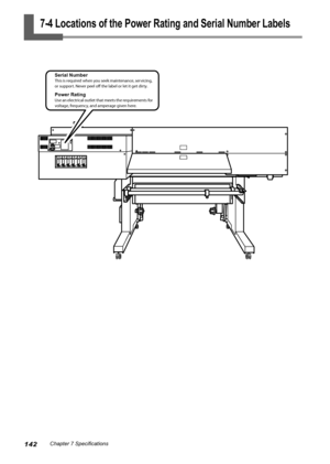 Page 144142Chapter 7 Specifications
7-4 Locations of the Power Rating and Serial Number Labels
Power RatingUse an electrical outlet that meets the requirements for 
voltage, frequency, and amperage given here.
Serial NumberThis is required when you seek maintenance, servicing, 
or support. Never peel off the label or let it get dirty.
Downloaded From ManualsPrinter.com Manuals 