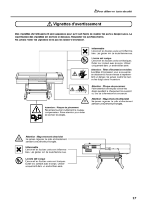 Page 19Attention : Rayonnement ultraviolet
Ne jamais regarder de près et directement 
pendant une période prolongée.
Attention : Rayonnement ultraviolet
Ne jamais regarder de près et directement 
pendant une période prolongée.
Pour utiliser en toute sécurité
17
 Vignettes d'avertissement
L'encre est toxique
L'encre et les liquides usés sont toxiques. 
Éviter tout contact avec le corps. Utiliser 
uniquement dans un endroit bien aéré.
Inflammable
L'encre et les liquides usés sont inflamma-
bles....