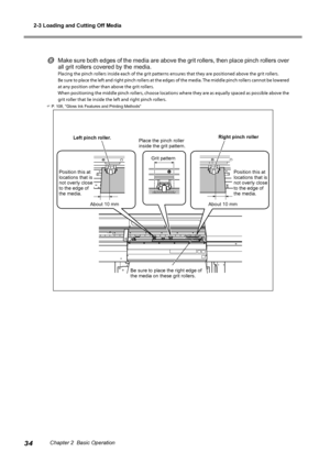 Page 362-3 Loading and Cutting Off Media
34Chapter 2  Basic Operation
Make sure both edges of the media are above the grit rollers, then place pinch rollers over 
all grit rollers covered by the media.
Placing the pinch rollers inside each of the grit patterns ensures that they are positioned above the grit rollers. 
Be sure to place the left and right pinch rollers at the edges of the media. The middle pinch rollers cannot be lowered 
at any position other than above the grit rollers. 
When positioning the...