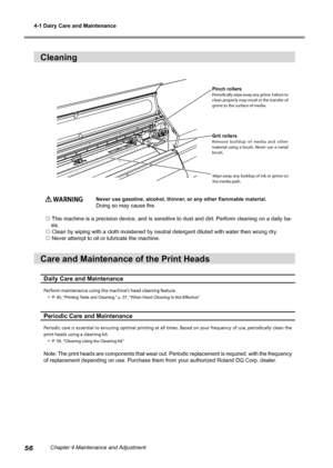 Page 584-1 Dairy Care and Maintenance
56Chapter 4 Maintenance and Adjustment
Cleaning
 WARNING Never use gasoline, alcohol, thinner, or any other flammable material.
Doing so may cause fire.
 This machine is a precision device, and is sensitive to dust and dirt. Perform cleaning on a daily ba- sis.
 Clean by wiping with a cloth moistened by neutral detergent diluted wit\
h water then wrung dry.
 Never attempt to oil or lubricate the machine.
Care and Maintenance of the Print Heads
Daily Care and Maintenance...