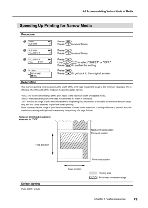 Page 815-3 Accommodating Various Kinds of Media
79Chapter 5 Feature Reference
Speeding Up Printing for Narrow Media
Procedure
Press.
Press
several times.
Press.
Press
several times.
Press.
Use
to select "SHEET" or "OFF."
Press
to enable the setting.
Press.
Press
to go back to the original screen.
Description
This  shortens  printing  time  by  reducing  the  width  of  the  print-head  movement  range  to  the  minimum  necessary. This  is 
effective when the width of the media or the...