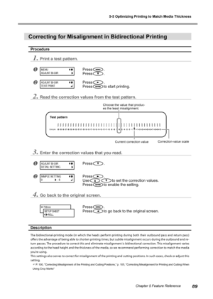 Page 915-5 Optimizing Printing to Match Media Thickness
89Chapter 5 Feature Reference
Correcting for Misalignment in Bidirectional Printing
Procedure
1.Print a test pattern.
Press.
Press
.
Press.
Press
to start printing.
2.Read the correction values from the test pattern.
3.Enter the correction values that you read.
Press.
Press.
Use
to set the correction values.
Press
to enable the setting.
4.Go back to the original screen.
Press.
Press
to go back to the original screen.
Description
The...