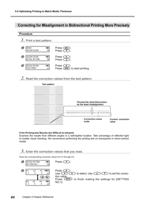 Page 925-5 Optimizing Printing to Match Media Thickness
90Chapter 5 Feature Reference
Correcting for Misalignment in Bidirectional Printing More Precisely
Procedure
1.Print a test pattern.
Press .
Press 
.
Press .
Press 
.
Press .
Press 
 to start printing.
2.Read the correction values from the test pattern.
If the Printing-test Results Are Difficult to Interpret 
Examine  the  results  from  different  angles  in  a  well-lighted  location.  Take  advantage  of  reflected  light 
to enable visual checking....