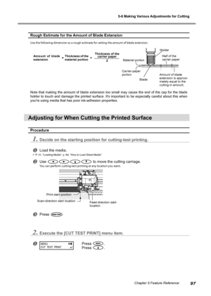 Page 995-6 Making Various Adjustments for Cutting
97Chapter 5 Feature Reference
Rough Estimate for the Amount of Blade Extension
Use the following dimension as a rough estimate for setting the amount of blade extension.
Note that making the amount of blade extension too small may cause the end of the cap for the blade 
holder to touch and damage the printed surface. It's important to be especially careful about this when 
you're using media that has poor ink-adhesion properties. 
Adjusting for When...