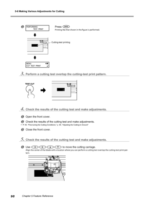 Page 1005-6 Making Various Adjustments for Cutting
98Chapter 5 Feature Reference
Press  
Printing like that shown in the figure is performed.
3.Perform a cutting test overtop the cutting-test print pattern.
4.Check the results of the cutting test and make adjustments.
Open the front cover.
Check the results of the cutting test and make adjustments.
 P. 95, "Fine-tuning the Cutting Conditions," p. 96, "Adjusting the Cuttin\
g-in Amount"
Close the front cover.
5.Check the results of the...