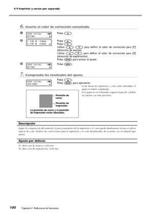 Page 101100Capítulo 4  Referencia de funciones
4-9 Imprimir y cortar por separado
6.Inserte el valor de corrección consultado.
➊Pulse .
➋Pulse .
Pulse .
Utilice    para  definir  el  valor  de  corrección  para  [F] 
(dirección de avance).
Utilice   para  definir  el  valor  de  corrección  para  [S] 
(dirección de exploración).
Pulse  para activar el ajuste.
➌Pulse .
7.Compruebe los resultados del ajuste.
Pulse .
Pulse  para ejecutarlo.
Si  las  líneas  de  impresión  y  corte  están  alineadas,  el 
ajuste se...