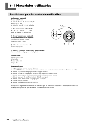 Page 127Capítulo 6  Especificaciones126
6-1 Materiales utilizables
Condiciones para los materiales utilizables
Anchura del material
Modelo de 1.371 mm
De 210 a 1.371 mm (de 8,3 a 54 pulgadas)
Modelo de 762 mm
De 182 a 762 mm (de 7,2 a 30 pulgadas)
A) Grosor cortable del material
De 0,08 a 0,22 mm (de 3,2 a 8,6 mil)
(según la composición del material)
B) Grosor máximo del material 
(incluyendo el papel de soporte)
Sólo impresión: 1,0 mm (39 mil)
Al cortar: 0,4 mm (15 mil)
C) Diámetro exterior del rollo
180 mm (7...