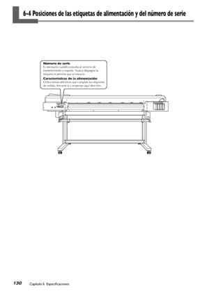 Page 131Capítulo 6  Especificaciones130
6-4 Posiciones de las etiquetas de alimentación y del número de serie
Características de la alimentaciónUtilice tomas eléctricas que cumplan los requisitos de voltaje, frecuencia y amperaje aquí descritos.
Número de serieEs necesario cuando consulta al servicio de mantenimiento o soporte. Nunca despegue la etiqueta ni permita que se ensucie.
Downloaded From ManualsPrinter.com Manuals 