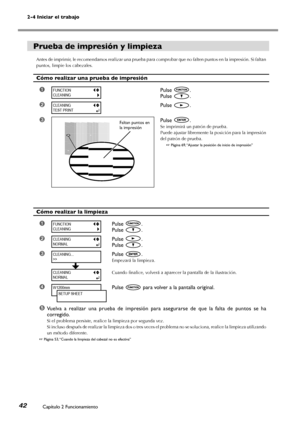 Page 432-4 Iniciar el trabajo
Capítulo 2 Funcionamiento42
Prueba de impresión y limpieza
Antes de imprimir, le recomendamos realizar una prueba para comprobar que no falten puntos en la impresión. Si faltan 
puntos, limpie los cabezales.
Cómo realizar una prueba de impresión
➊Pulse .
Pulse .
➋Pulse .
➌Pulse .
Se imprimirá un patrón de prueba.
Puede ajustar libremente la posición para la impresión 
del patrón de prueba.
☞ Página 69, “Ajustar la posición de inicio de impresión”
Cómo realizar la limpieza
➊Pulse ....