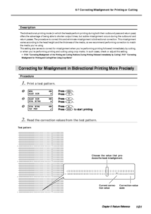 Page 1036-7 Correcting Misalignment for Printing or Cutting
101Chapter 6 Feature Reference
H3 H4 H5
H6
H2H1NO.1
H3 H4H2H1NO.2
H1
NO.1
H5H6
H3
H4 H5
H6
H2H1NO.3
H3 H4 H5
H6
H2H1NO.4
Description
The bidirectional-printing mode (in which the heads perform printing during both their outbound pass and return pass)
offers the advantage of being able to shorten output times, but subtle misalignment occurs during the outbound and
return passes. The procedure to correct this and eliminate misalignment is bidirectional...