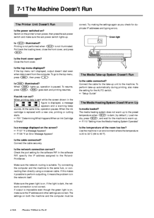 Page 132130Chapter 7 What to Do If
7-1 The Machine Doesnt Run
The Printer Unit Doesnt Run
Is the power switched on?
Switch on the printers main power, then press the sub power
switch and make sure the sub power switch lights up.
Is  illuminated?
Printing is not performed when  is not illuminated.
Pull back the loading lever, close the front cover, and press
.
Is the front cover open?
Close the front cover.
Is the top menu displayed?
If the top menu isnt displayed, output doesnt start even
when data is sent from...