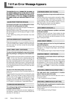 Page 140138Chapter 7 What to Do If
7-8 If an Error Message Appears
This describes the error messages that may appear on
the machines display, and how to take action to remedy
the problem. If the action described here does not cor-
rect the problem, or if an error message not described
here appear, contact your authorized Roland DG Corp.
dealer.
 [ALIGN POINT POSITION INVALID]
An attempt was made to set an align point at a loca-
tion where the setting cannot be made.
No align point can be set when the angle of...