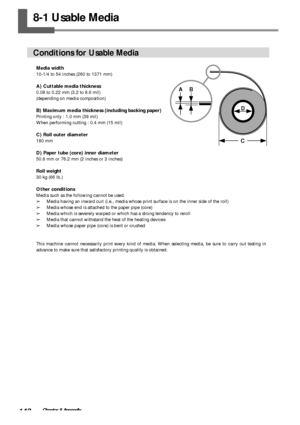 Page 144142Chapter 8 Appendix
8-1 Usable Media
Conditions for Usable Media
Media width
10-1/4 to 54 inches (260 to 1371 mm)
A) Cuttable media thickness
0.08 to 0.22 mm (3.2 to 8.6 mil)
(depending on media composition)
B) Maximum media thickness (including backing paper)
Printing only : 1.0 mm (39 mil)
When performing cutting : 0.4 mm (15 mil)
C) Roll outer diameter
180 mm
D) Paper tube (core) inner diameter
50.8 mm or 76.2 mm (2 inches or 3 inches)
Roll weight
30 kg (66 lb.)
Other conditions
Media such as the...