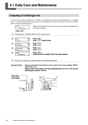 Page 6462Chapter 3 Maintenance and Adjustment
5-1 Daily Care and Maintenance
Disposing of Discharged Ink
The drain bottle collects discharged fluid. Dispose of collected material before the bottle becomes full. A message
shown in the figure appears when a certain amount of discharged fluid collects in the bottle. Follow the procedure
below to discard the discharged fluid.
Resetting the discharged-fluid counter after disposal makes the message shown
in the figure disappear.
1.Choose the DRAIN BOTTLE menu item....