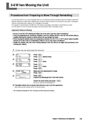 Page 8179Chapter 3 Maintenance and Adjustment
5-6 When Moving the Unit
Procedures from Preparing to Move Through Reinstalling
To move the machine, you must completely drain all ink inside the machine and secure the print heads in place with
Packing materials to protect them. Attempting to move the machine without first doing this may result in damage to
internal components due to leaking ink or damage to the heads.
This operation requires eight UNUSED SOL INK cleaning cartridges. Have these on hand before you...